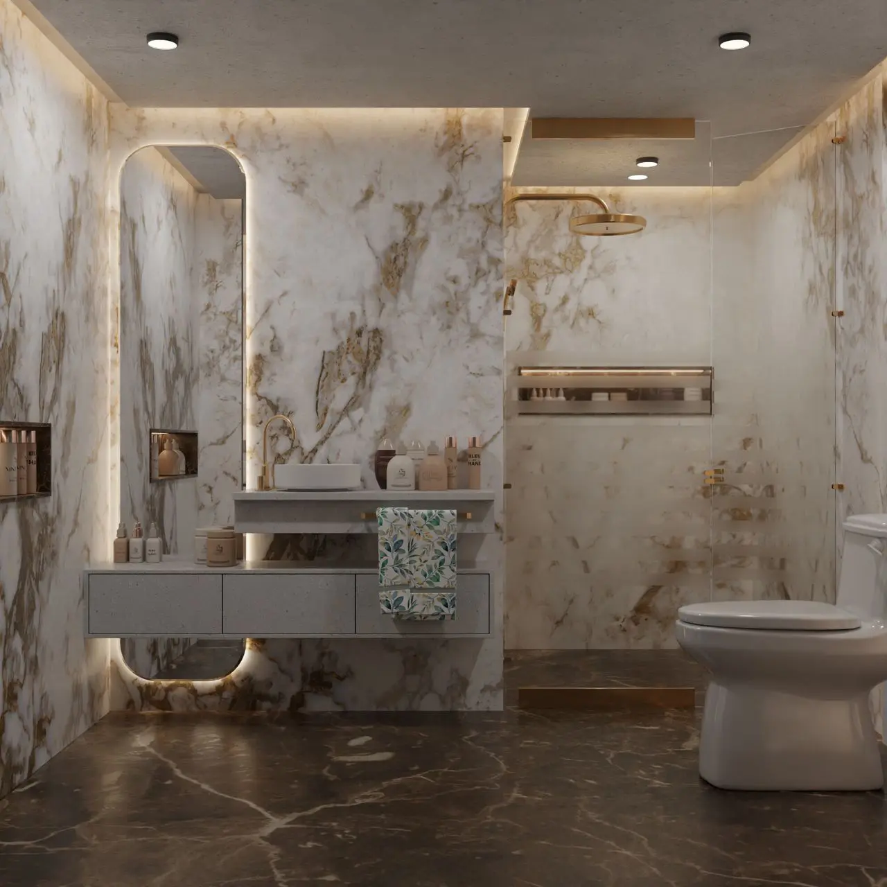 Towel bar, backlit mirror, and recessed shelf niches in a bathroom, Austin, TX