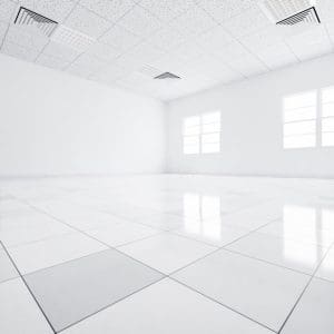 3d rendering of white tile floor in perspective, empty space or room, light from window. Modern interior home design of living room, look clean, bright, surface with texture pattern for background.