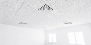 3d rendering of white ceiling in perspective with texture of acoustic gypsum board, air conditioner, lighting fixture or panel light, pattern of square grid structure. Interior design for building.