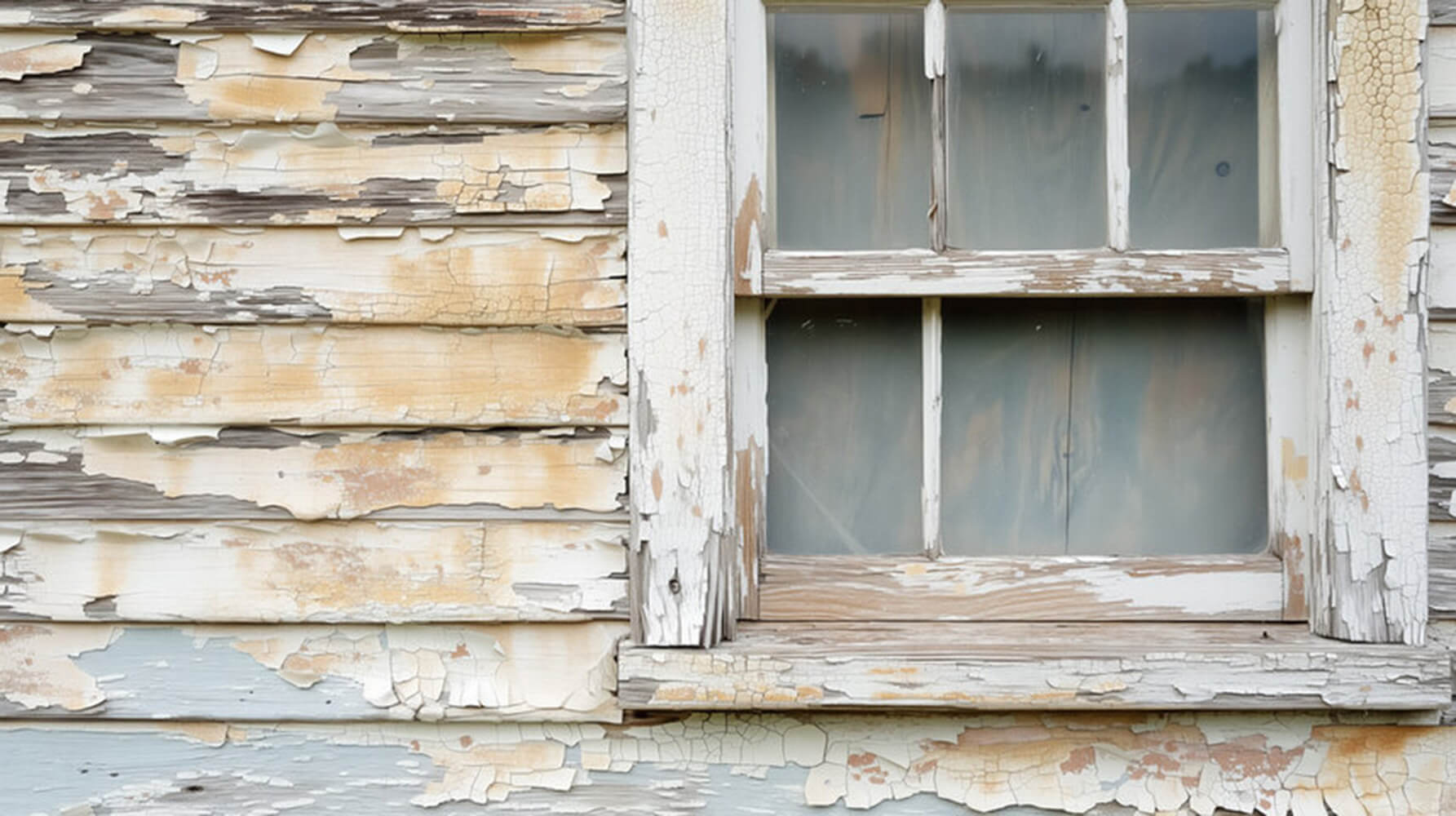 Peeling and cracking exterior paint on wood siding near a window frame showing paint failure.