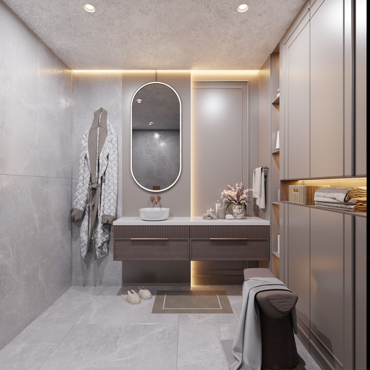 Backlit mirror centered above a vanity with robe hook and towel bar, Austin, TX