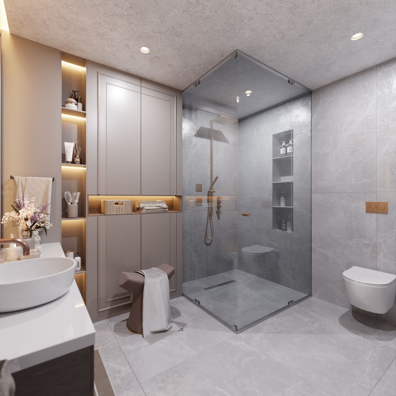 Shower niche shelving, glass door, and towel rail in a modern bathroom, Austin, TX