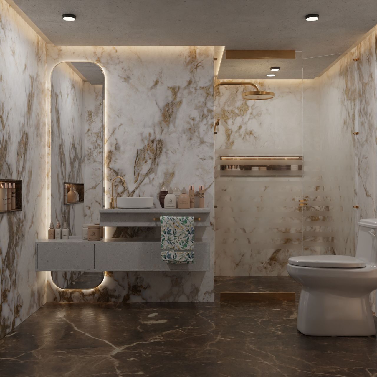 Towel bar, backlit mirror, and recessed shelf niches in a bathroom, Austin, TX