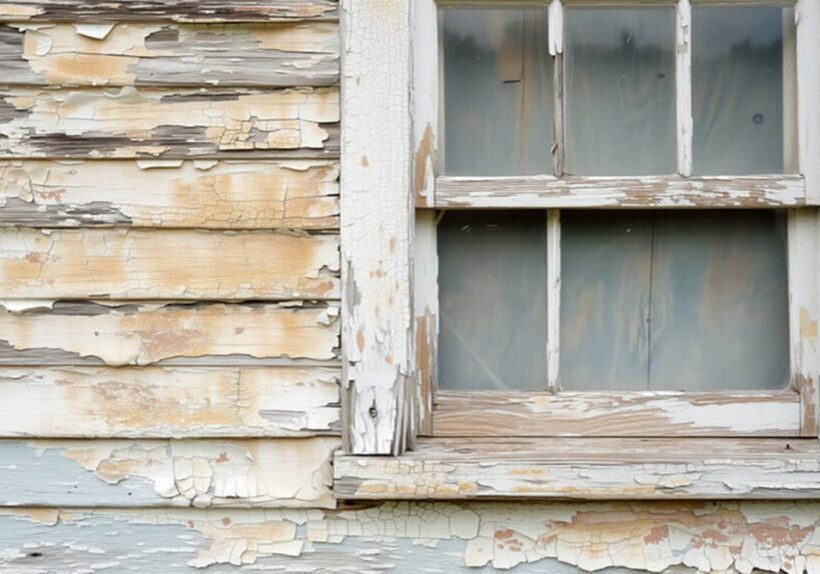 Peeling and cracking exterior paint on wood siding near a window frame showing paint failure.